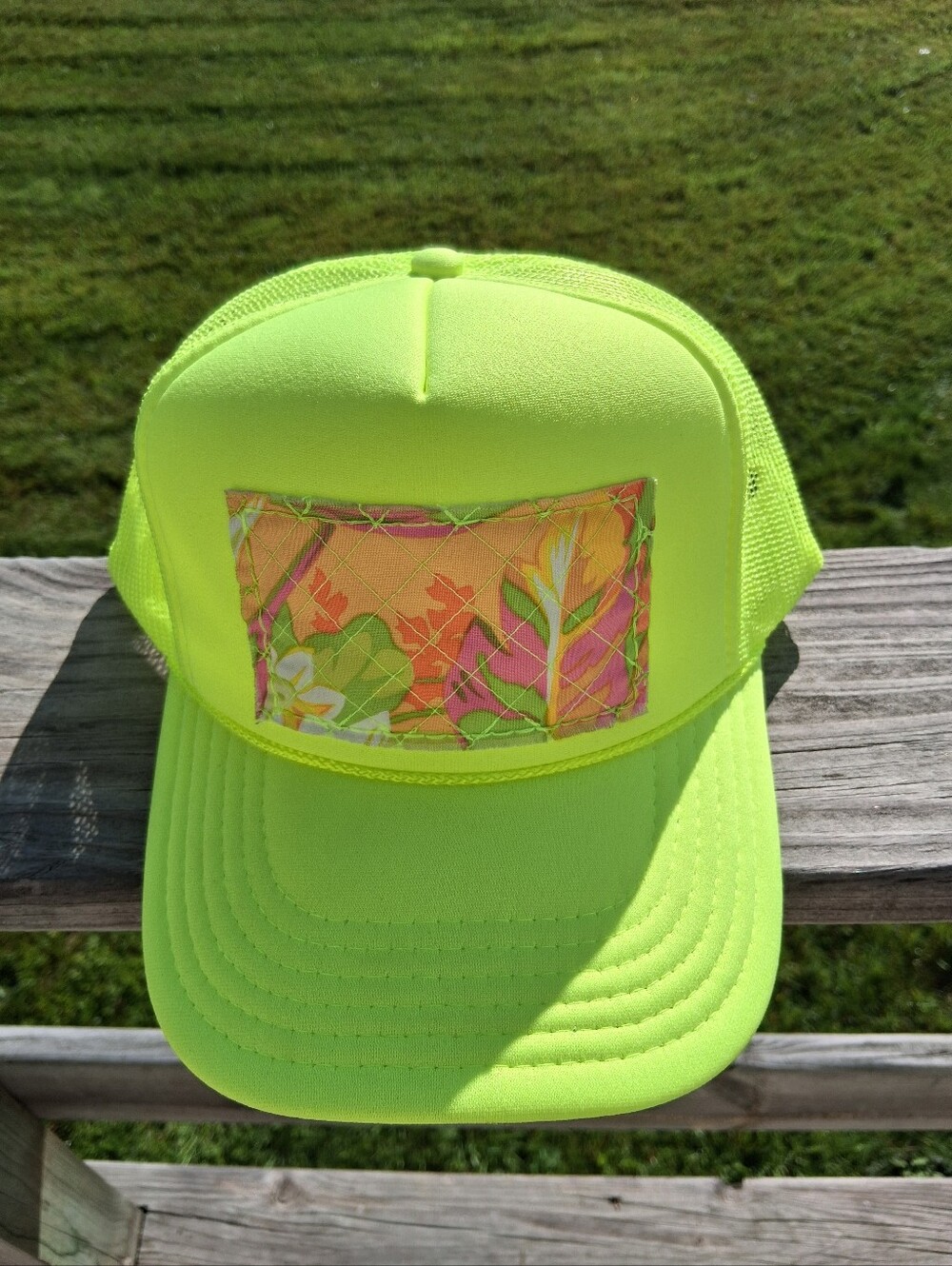 Neon Yellow Trucker Hat with Multicolor Floral Handmade Patch